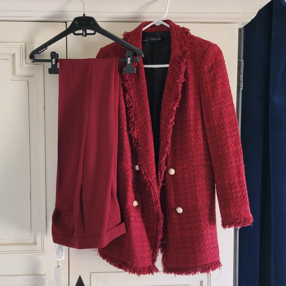 Zara Red Tweed Blazer with Matching Pants XS